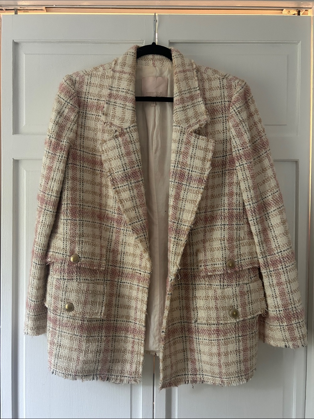 Textured Plaid Tweed Jacket in Cream and Pink - Women's Coat